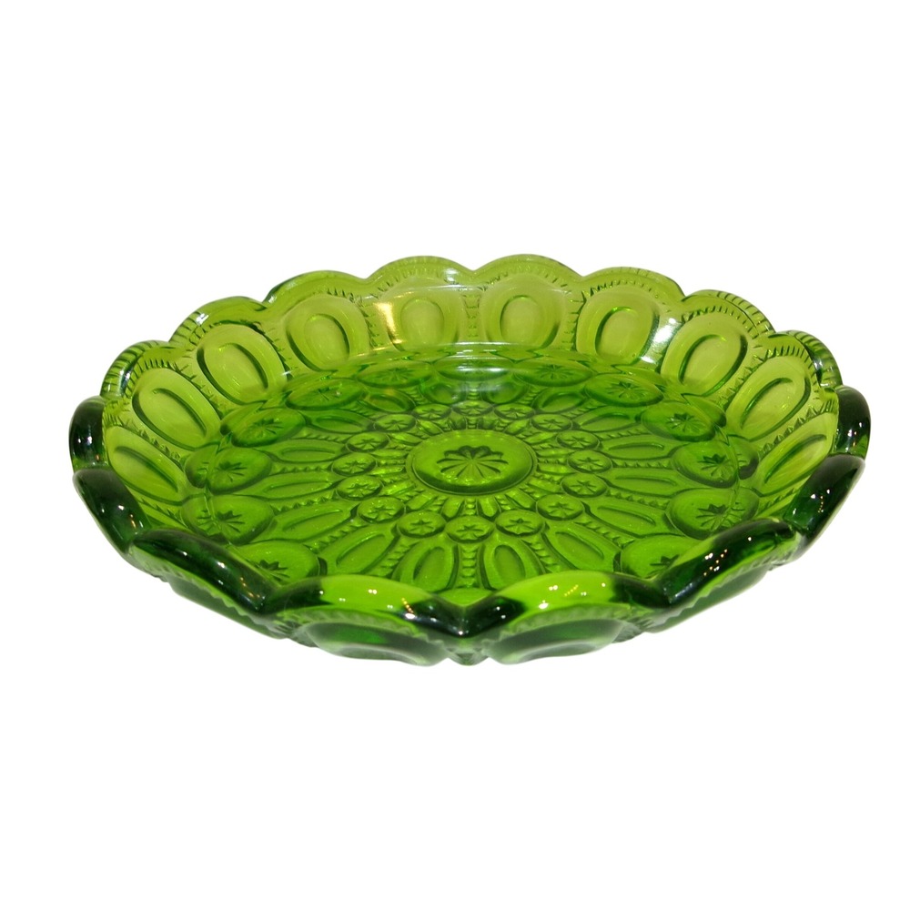 L.E. Smith Moon and Star Green Glass Scalloped Edge 8" Low Bowl